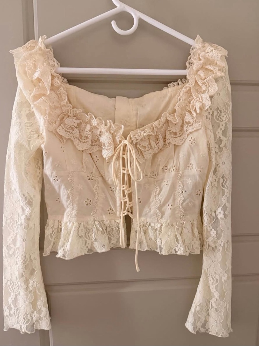 Lace-Trim Ivory Long-Sleeve Peplum Top